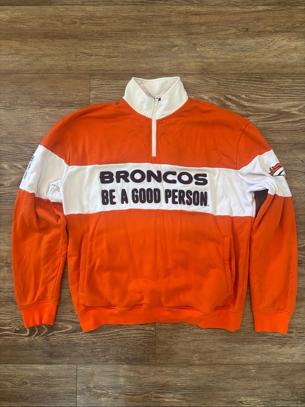 Denver Broncos x Be A Good Person Orange Quarter-Zip Sweater Unisex Size Large